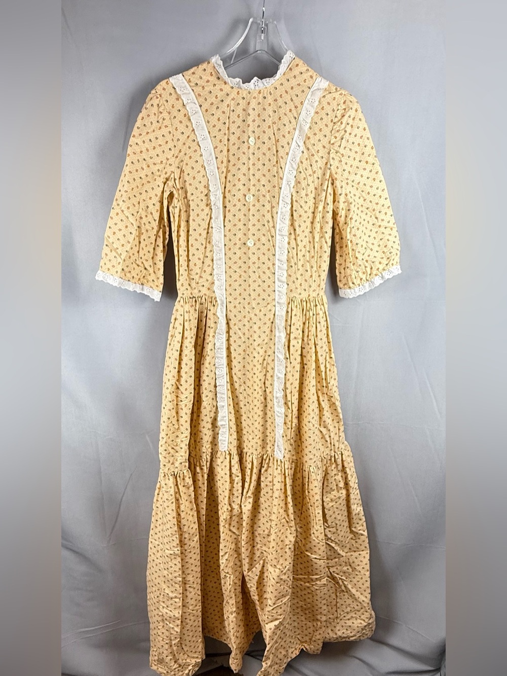 Vintage Cottagecore Prairie Dress Floral Lace Puff Sleeve Midi XS S